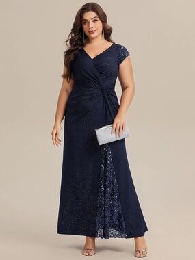 🆕 Plus Size Knotted Knit Cap Sleeve Maxi Glitter Evening Dress